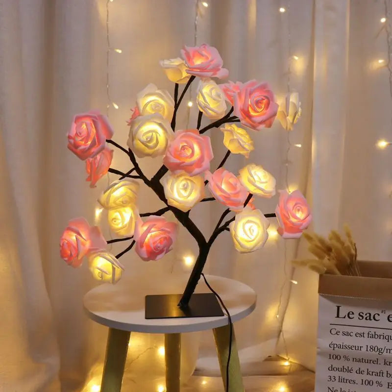 24 LED Rose Tree Lights USB Plug Table Lamp Fairy Flower Night Light For Home Party Christmas Wedding Bedroom Decoration Gift