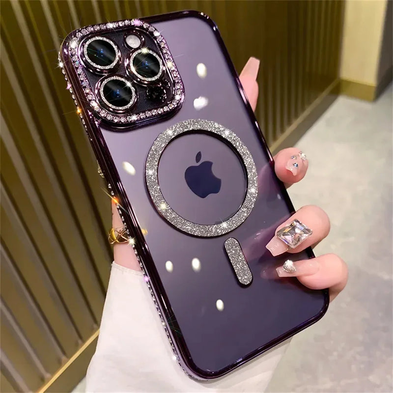 New Fashion Glitter Diamond Transparent Case For iPhone 16 15 14 13 11 12 Pro Max 16 Plus Magnetic Wireless Charge Bumper Cover