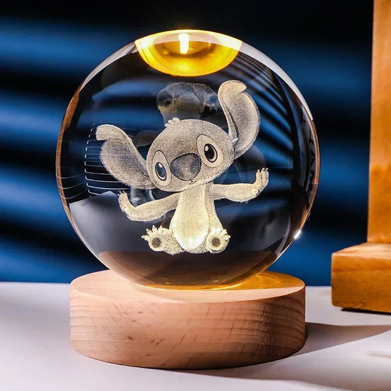 Hot 6cm 3D Crystal Ball Stitch Pikachu Doraemon A Dream Hello Kitty Crystal Planet Night Light Laser Carving Children's Gifts