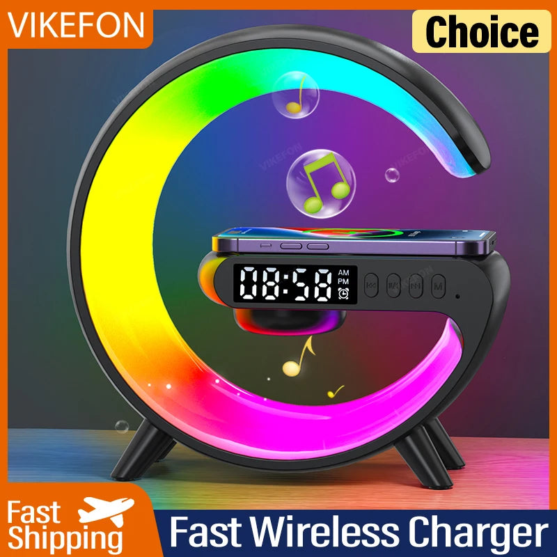 VIKEFON 30W Multifunction Wireless Charger Pad Stand Speaker TF RGB Night Light Fast Charging Station for iPhone Samsung Xiaomi