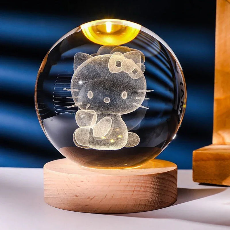 Hot 6cm 3D Crystal Ball Stitch Pikachu Doraemon A Dream Hello Kitty Crystal Planet Night Light Laser Carving Children's Gifts