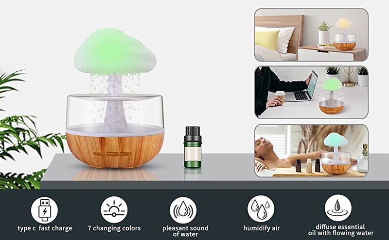 Xiaomi Rain Cloud Humidifier Rain Colorful Mushroom Cloud Raindrop Atmosphere Lamp Night Light Essential Oil Humidifier Machine